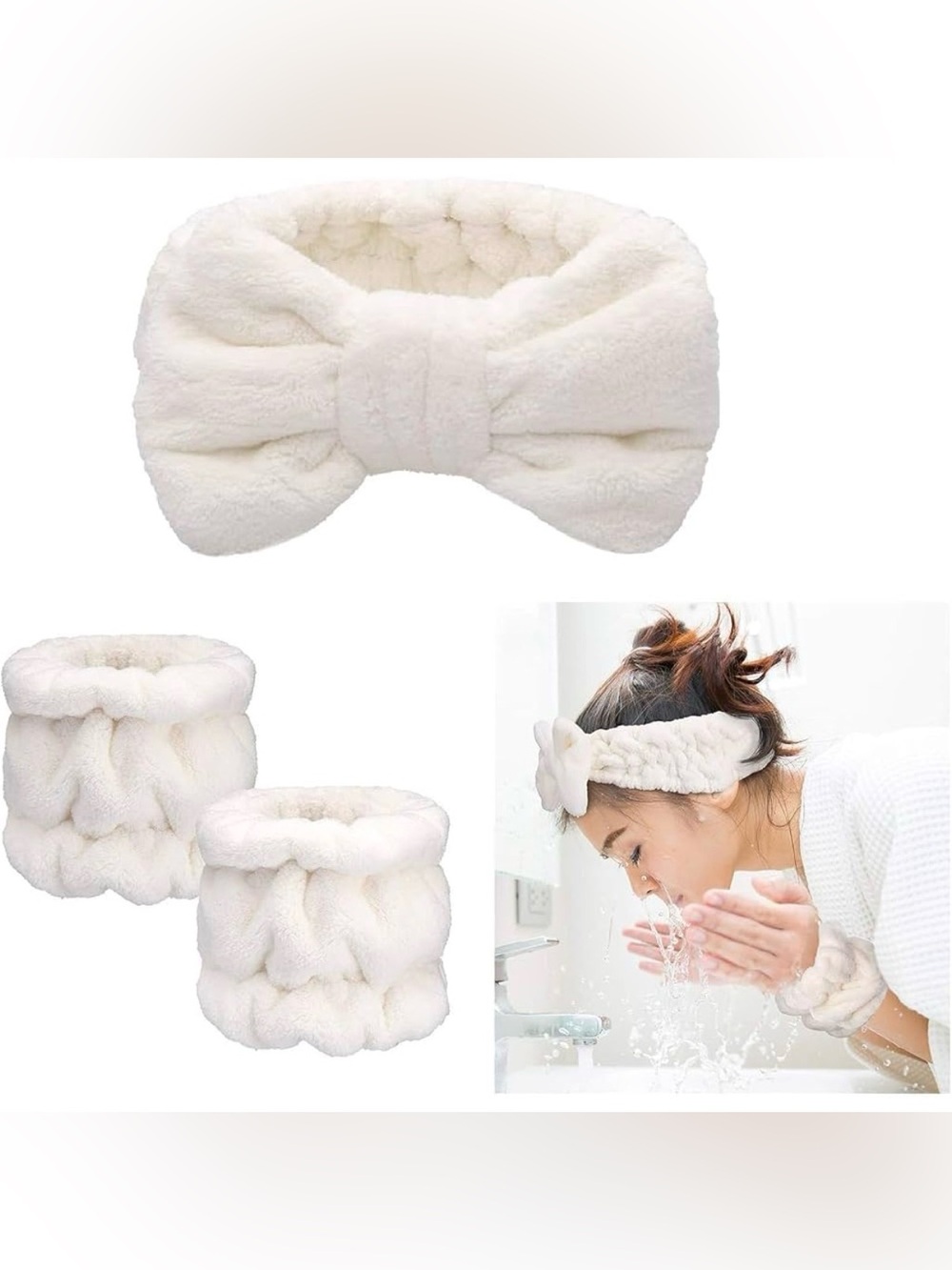 Plush Cream Bow Headband and Wristbands Set - Cosmetic/Wash  Accessories
